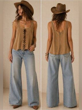 Dynamite Faux Suede Lace-Up Tank | Western Boho | Size M